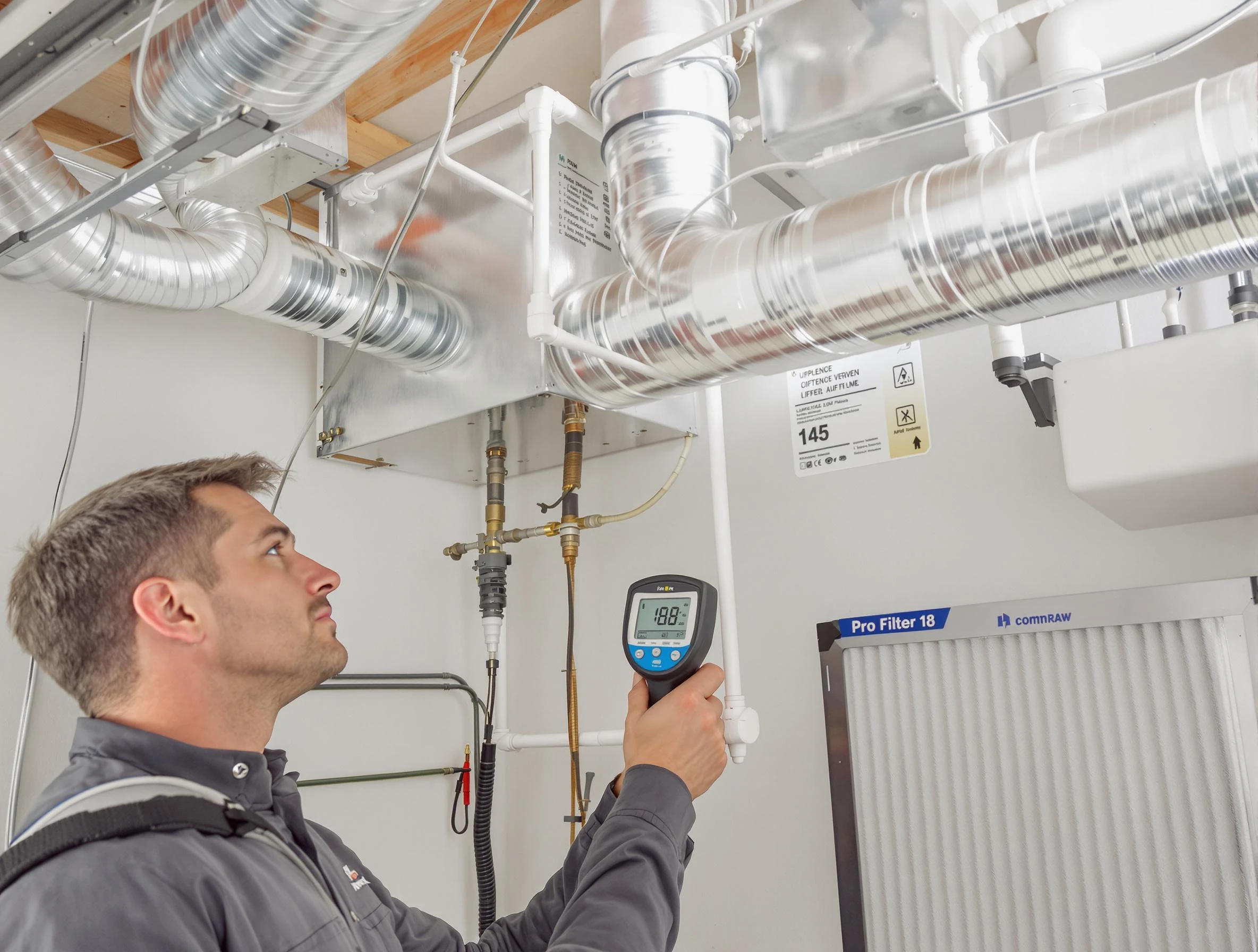 North Providence Air Duct Cleaning expert conducting detailed filter system inspection using diagnostic tools in North Providence