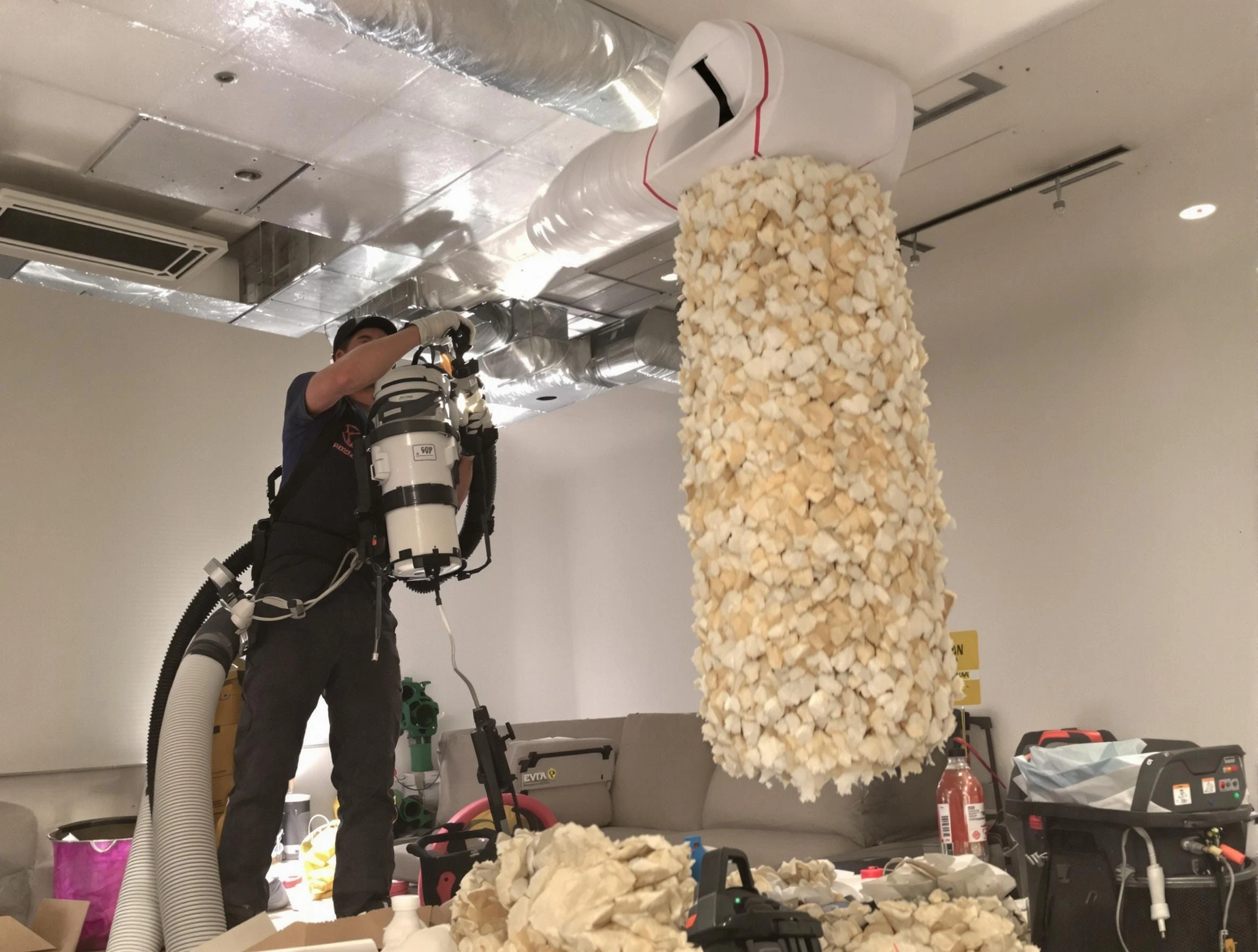 North Providence Air Duct Cleaning technician performing precision vacuum insulation removal in a residential property in North Providence